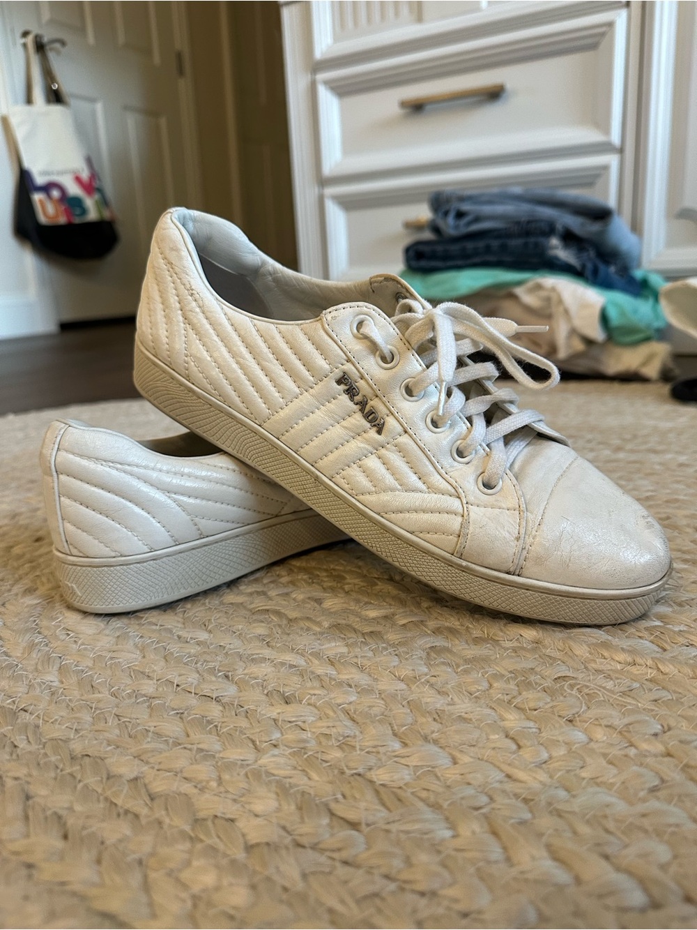 Prada Quilted Leather Lace-Up Sneakers in Off-White